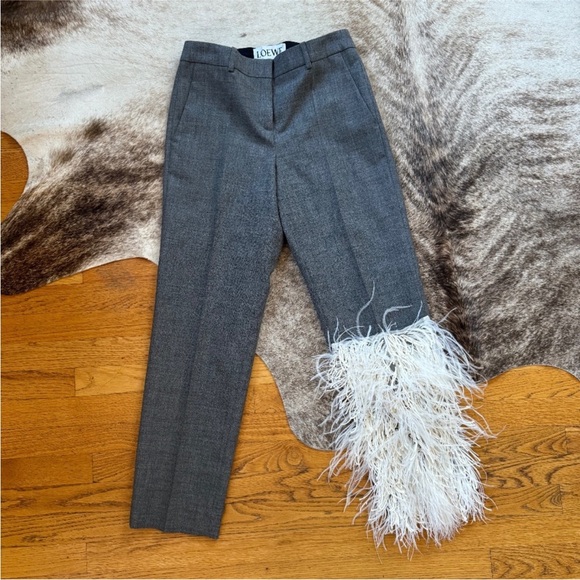 LOEWE Worn Once! Wool Trousers w/Ostrich Feathers in Grey White Size 6 - Picture 5 of 8